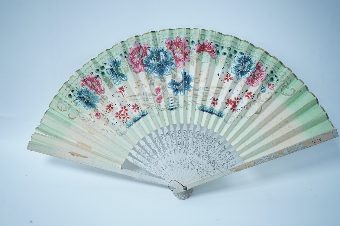 A collection of 19th century and later fans to include a black lacquered and lace example and a hand painted floral example